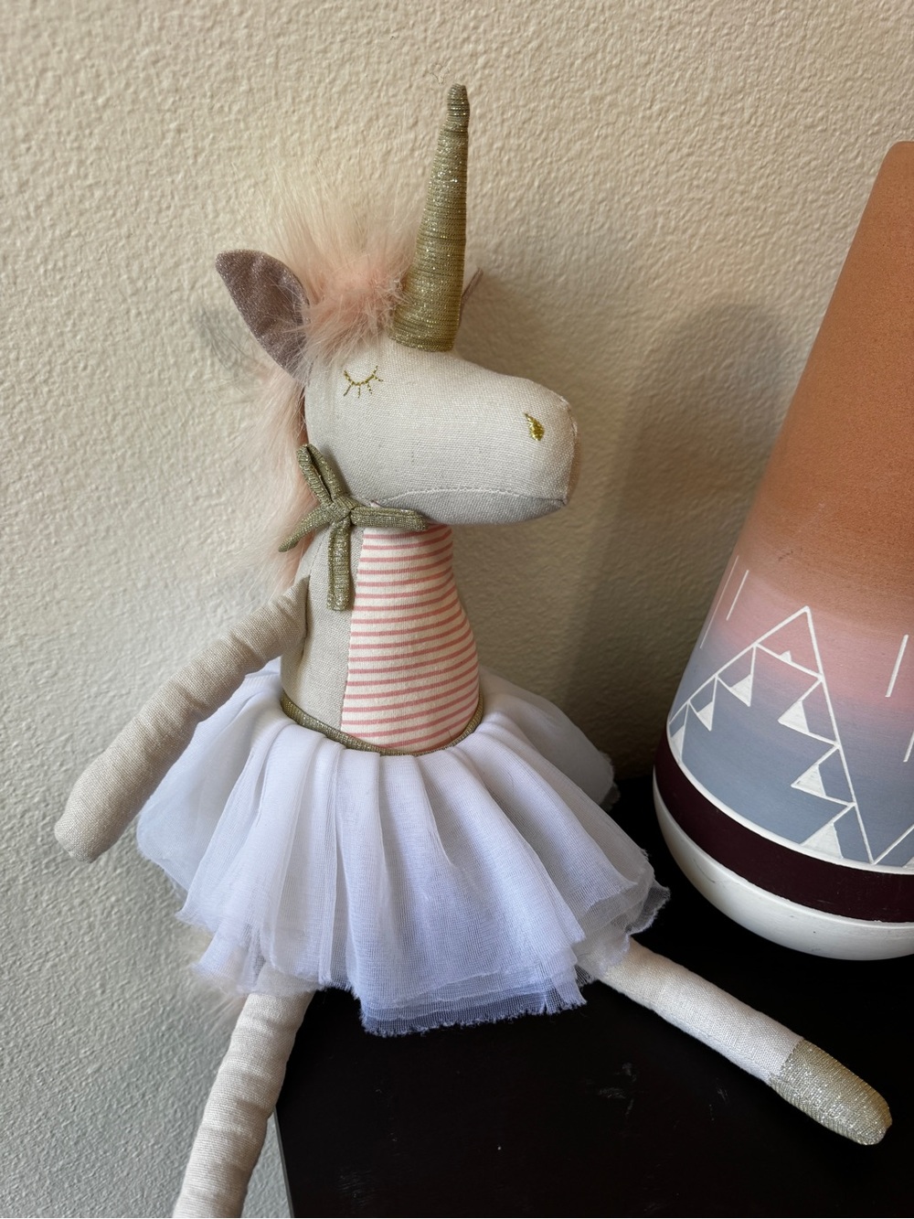 Anthropologie Plush Unicorn Doll with White Tulle Skirt and Pink Striped Bodice
